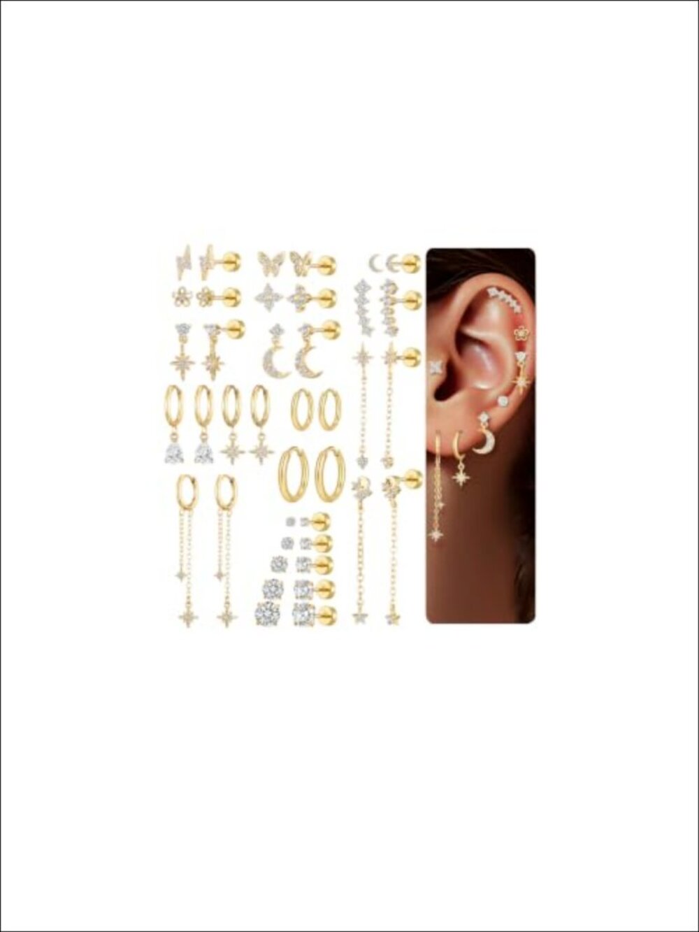 20 Pairs Flat Back Screwback Earrings 18K Gold Plated Stud Hoop Set